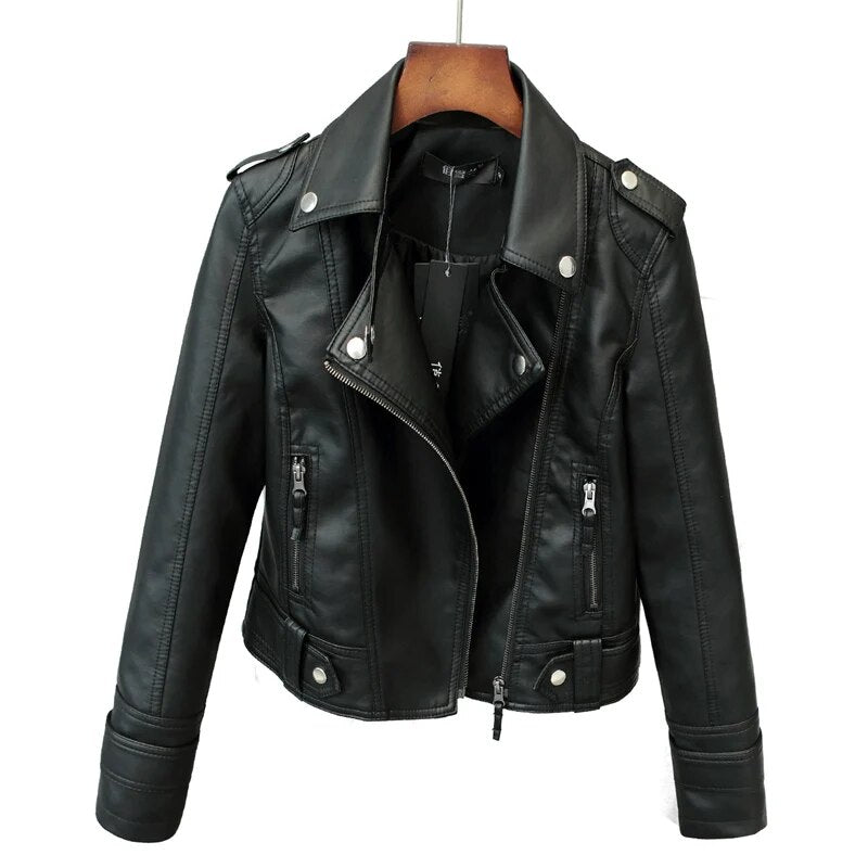 Fitaylor New Spring Autumn Women Short Faux PU Jacket Slim Fashion Punk Outwear Motorcycle Leather Jacket Casual Coat