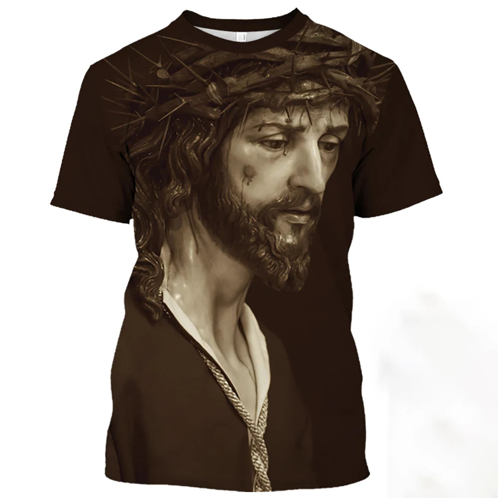 Jesus Christ Pattern T Shirt For Men Summer Casual O-Neck Oversized Short Sleeve Catholicism Print Quick-Drying Men's T-shirts