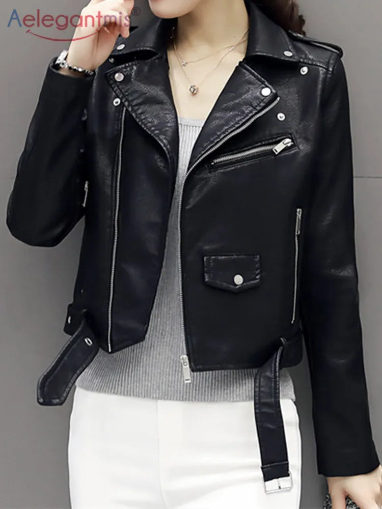 Aelegantmis Autumn New Short Soft Faux Leather Jacket Women Fashion Zipper Motorcycle PU Leather Jacket Ladies Basic Street Coat