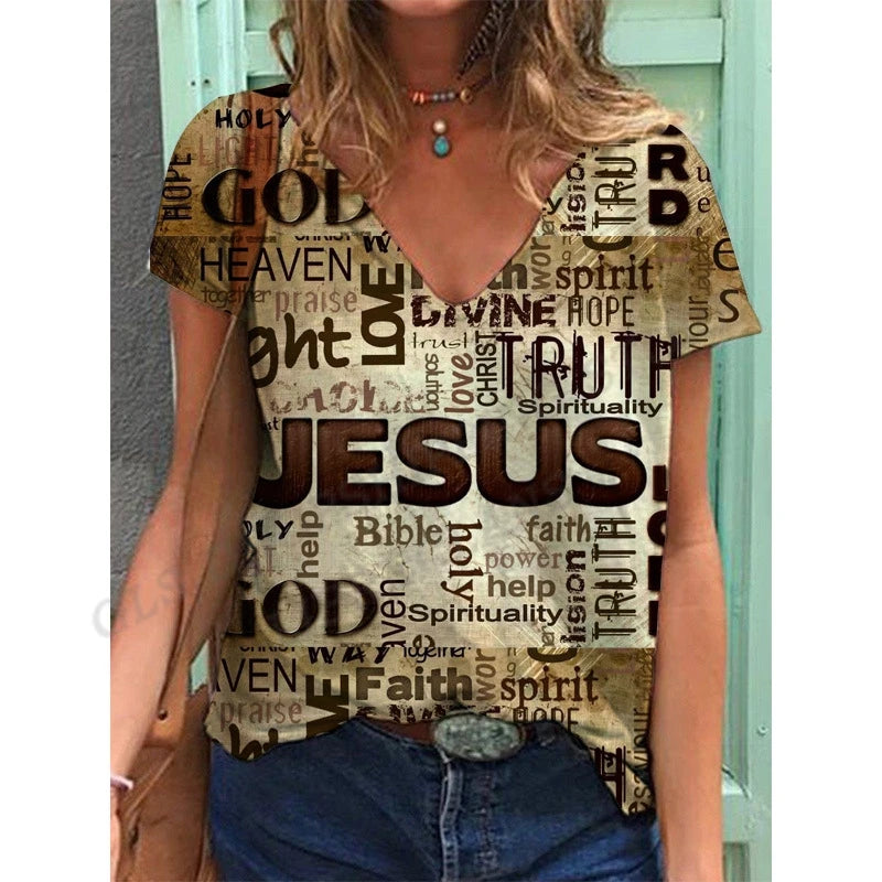 Jesus T shirt Women Fashion T-shirts Letter Print Top Short Sleeve Oversized Tops Tees Summer Women Tshirt Brand Street Tee Girl