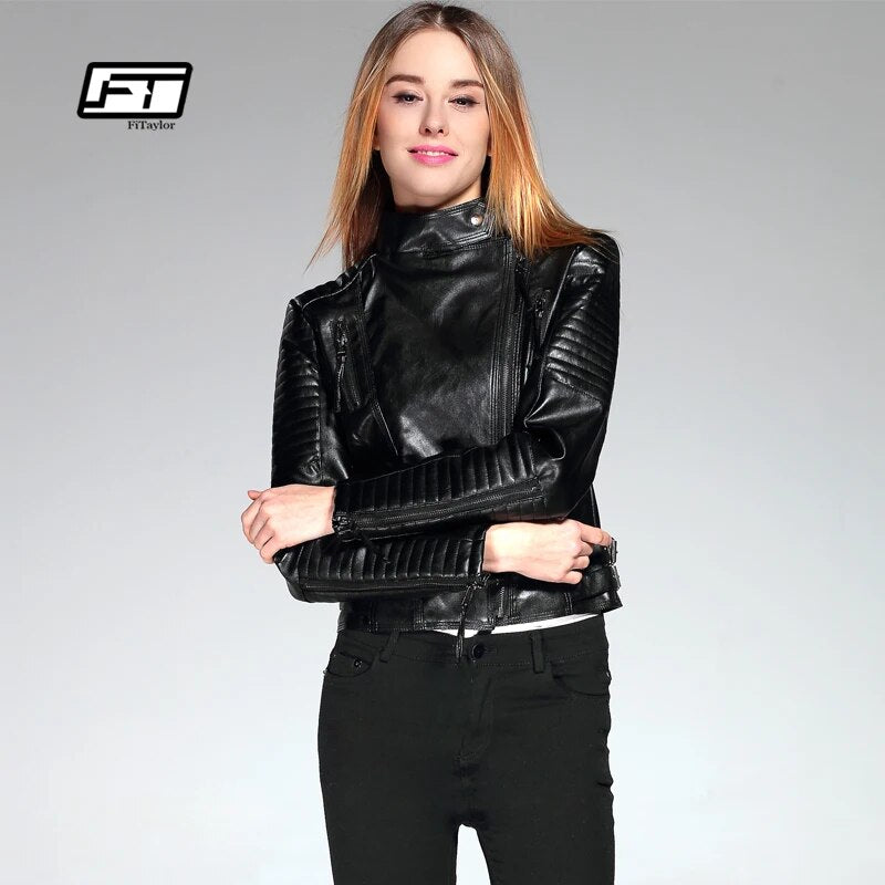 Fitaylor New 2022 Women PU Leather Short Jacket Slim Fashion Punk Outwear Long Sleeve Motorcycle Black Jacket Spring Outwear