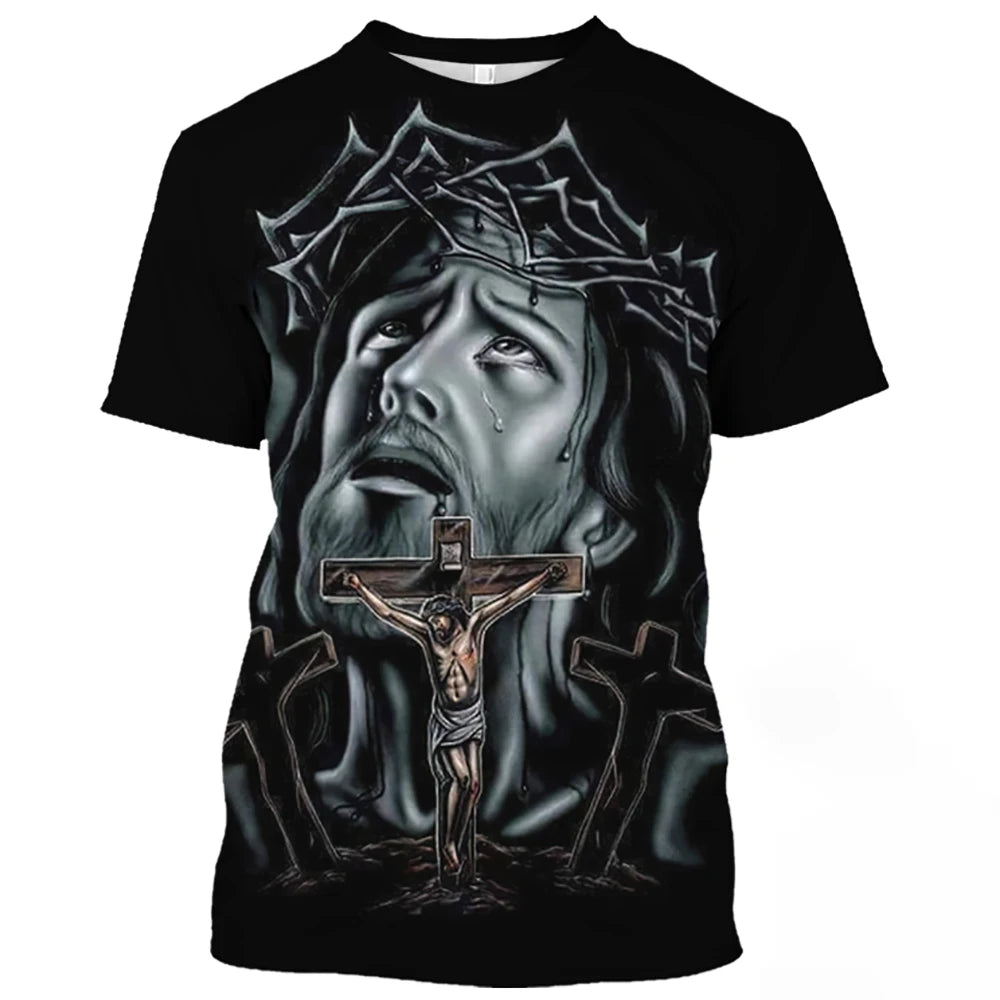 Jesus Christ Pattern T Shirt For Men Summer Casual O-Neck Oversized Short Sleeve Catholicism Print Quick-Drying Men's T-shirts