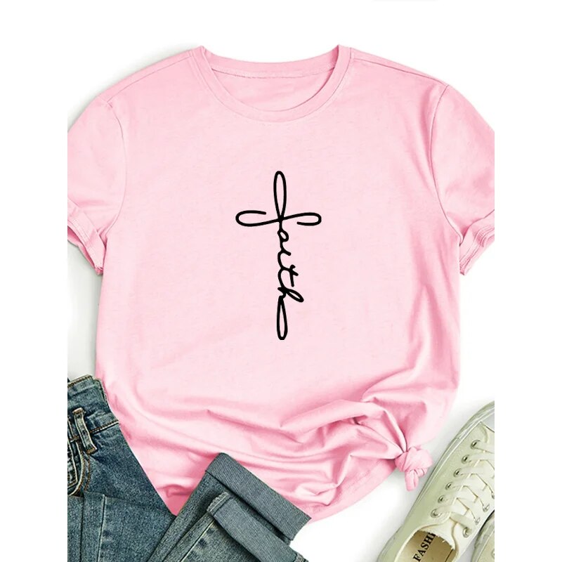 Hot Selling Blouse Faith Simple Casual Short Sleeve Loose T-shirt Fashionable Girl Tshirt Aesthetic Clothes  Y2k Clothes