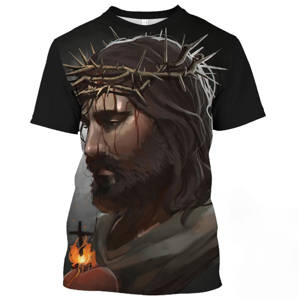 Jesus Christ Pattern T Shirt For Men Summer Casual O-Neck Oversized Short Sleeve Catholicism Print Quick-Drying Men's T-shirts