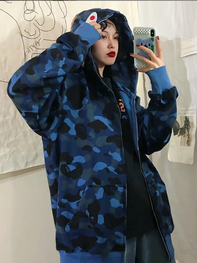 Autumn Winter New Shark Camouflage Streetwear Cardigan Sweater Women's Hip Hop Style Loose Long Sleeve Hooded Thin Zipper Coats