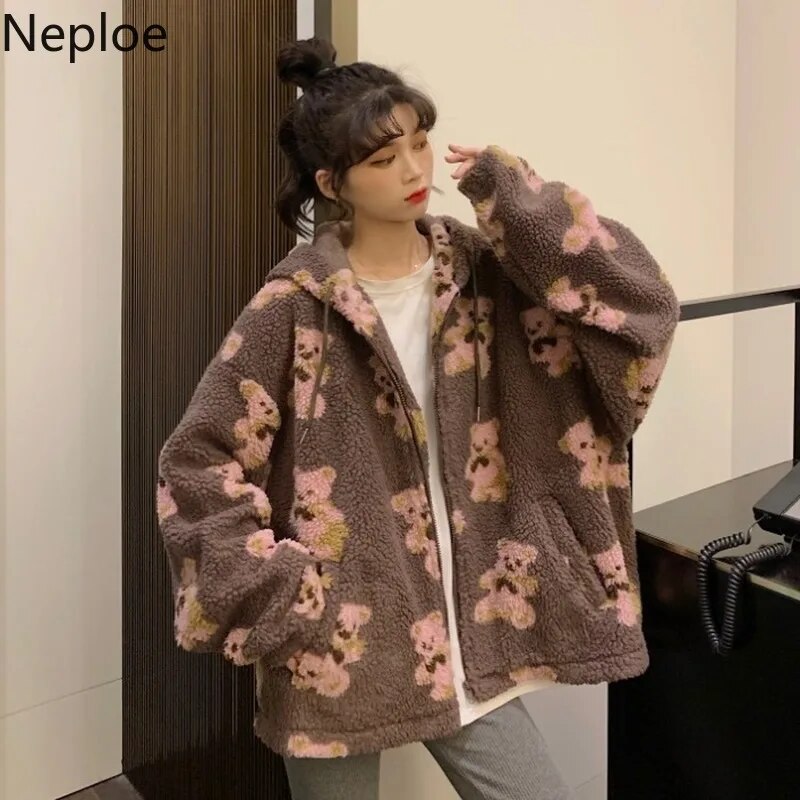 Cute Women Hoodie 2023 Winter Loose Hoodies Y2K Sweatshirt Fashion Streetwear Thick Lamb Wool Bear Coat Zipper Oversized Outwear