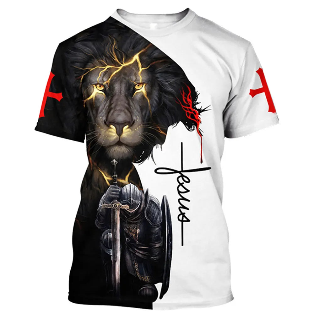 God Religion Christ Jesus And Lion 3D Print Men's T-shirts 0-Neck Short Sleeve Streetwear Loose Tops Tees Oversized T Shirts 6XL