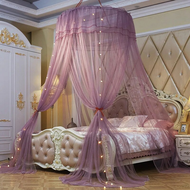 Home Large Elegant Mosquito Nets for Summer Hanging Kid Bedding Round Dome Bed Canopy Curtain Bed Tent With Night Light