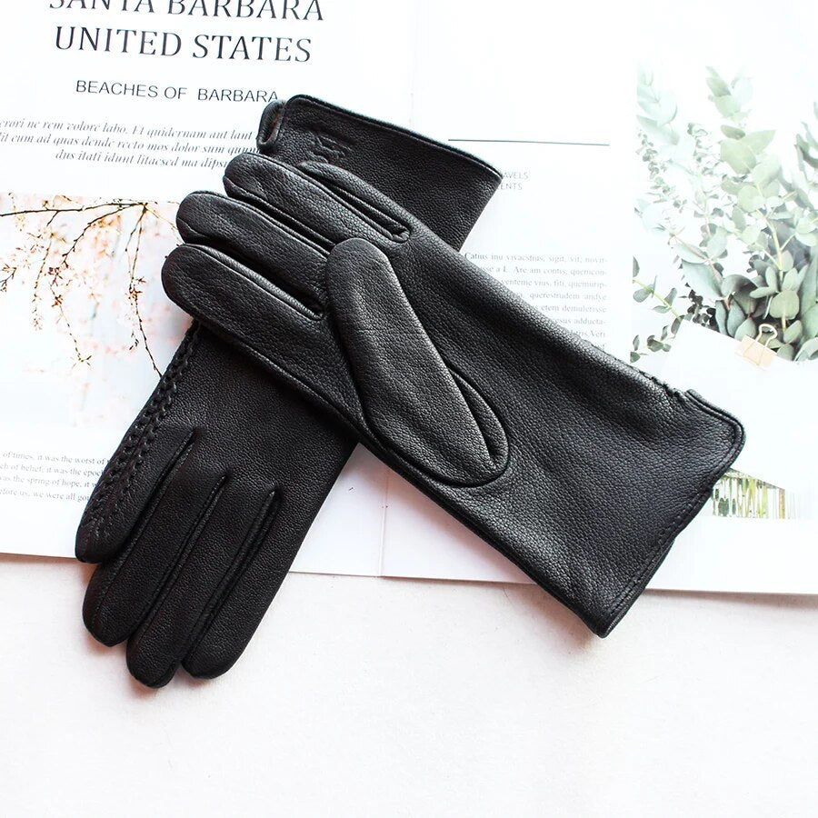 Goatskin Deerskin Grain Leather Gloves Women's Fashion Simple Style Velvet Lining Autumn Winter Warm Motorcycle Riding Glove