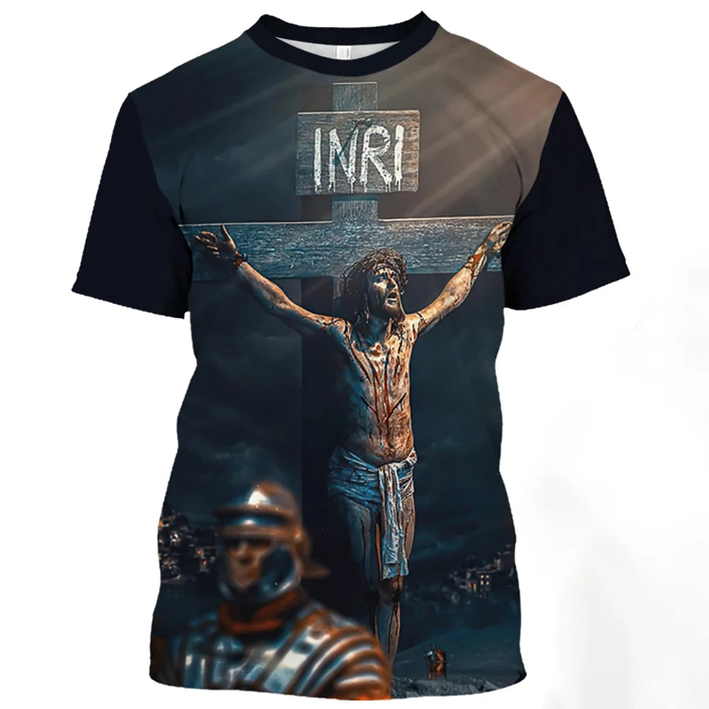 Jesus Christ Pattern T Shirt For Men Summer Casual O-Neck Oversized Short Sleeve Catholicism Print Quick-Drying Men's T-shirts