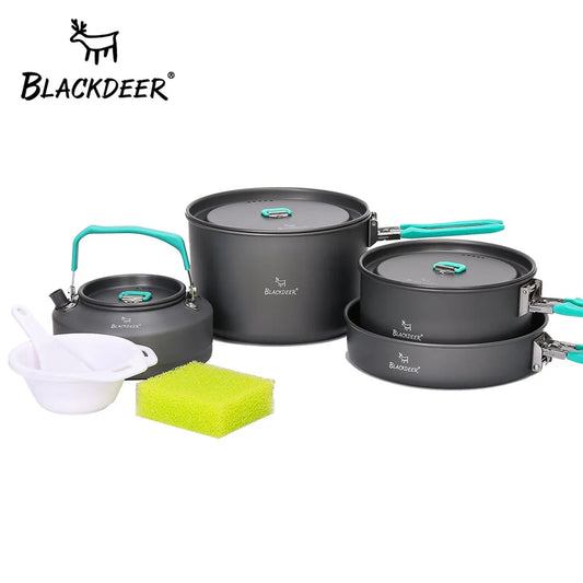 BLACKDEER Outdoor Camping Tableware Set Backpacking Picnic 2 Pot 1 Frypan 1 Kettle Alumina Durable Cookware  Folding Cooking Set