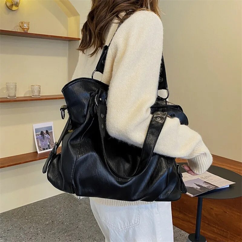 Big Black Shoulder Bags For Women Large Capacity Shopper Bag Solid Color Zipper Leather Crossbody Bag Lady Travel Tote Handbag