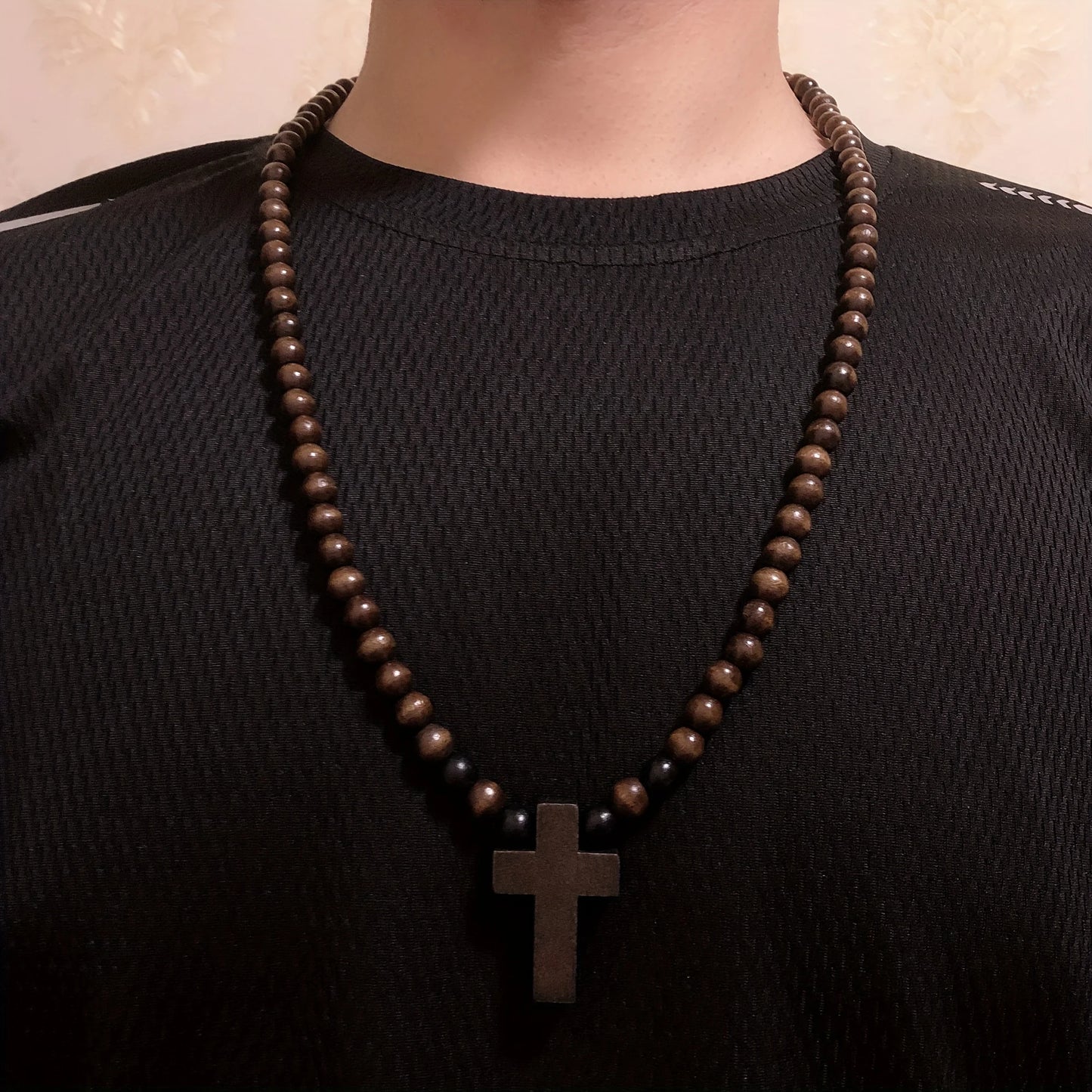 Cool Wooden Cross Beaded Necklace for Men and Women Beads Chain Natural Wood Christian Accessories