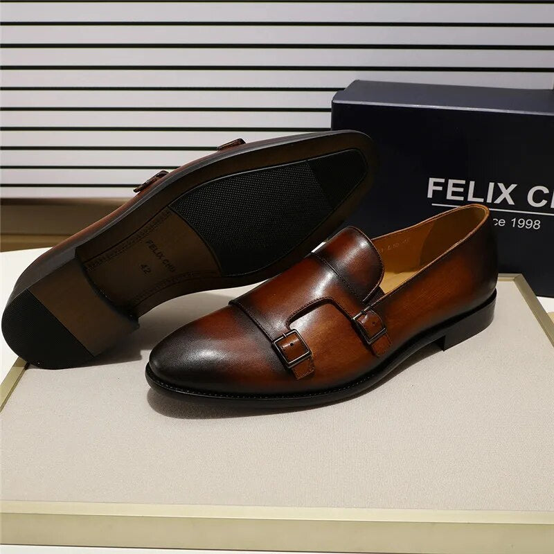 Fashion Gentleman Leather Men Monk Strap Loafer Shoes Slip On Elegant Men Dress Shoes Black Brown Double Buckle Strap Mens Shoes