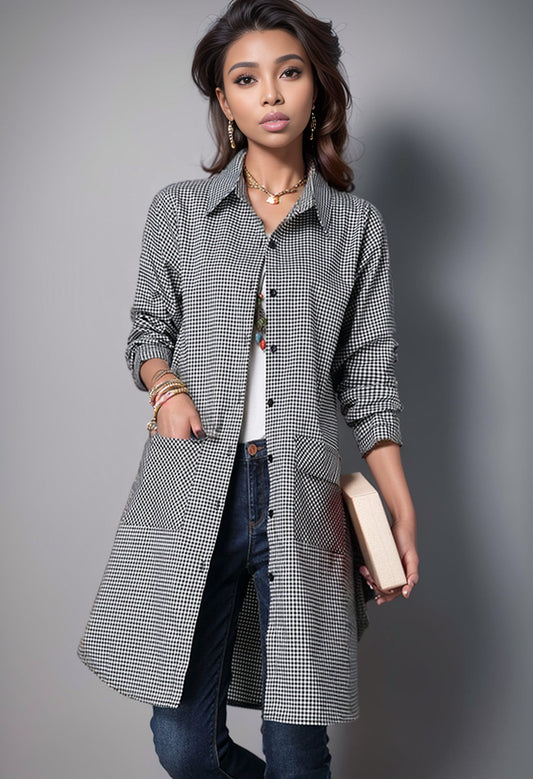 Coat plus Size Cotton Linen Plaid Loose Long Sleeves Shirt