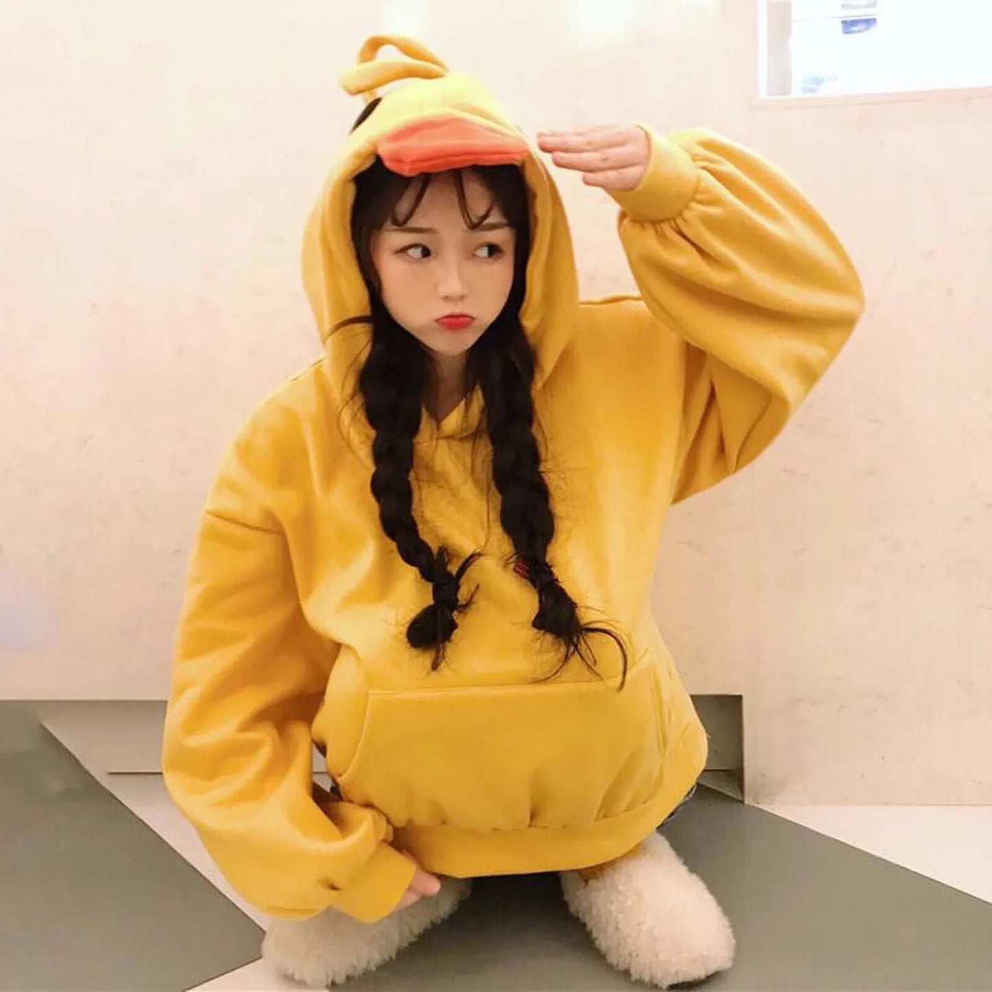 Autumn Winter 2020 Harajuku Sweatshirt Cute Cartoon Graphic Print Ladies Hoodie Ducks Cute Street Hoodies Women Pullover Yellow