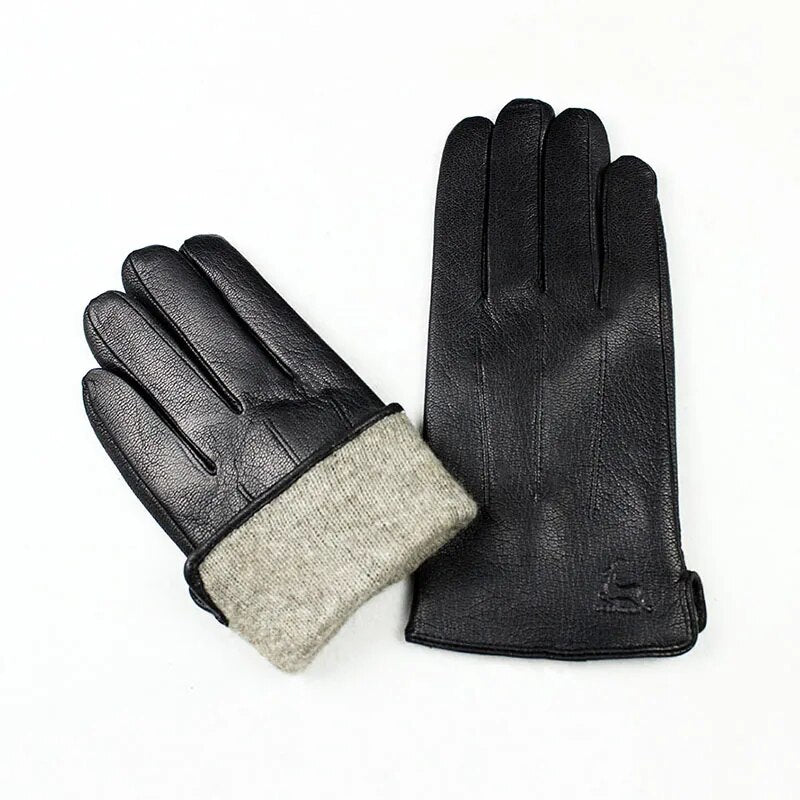 Goatskin Deerskin Gloves Men's Leather New Thin Fleece Lining Winter Warmth and Thickening Outdoor Motorcycle Riding and Driving