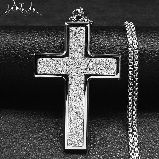 2023 Christian Cross Stainless Steel Big Necklace Sliver Color Religious Statement Necklace Jewelry acero inoxidable NXH364S05