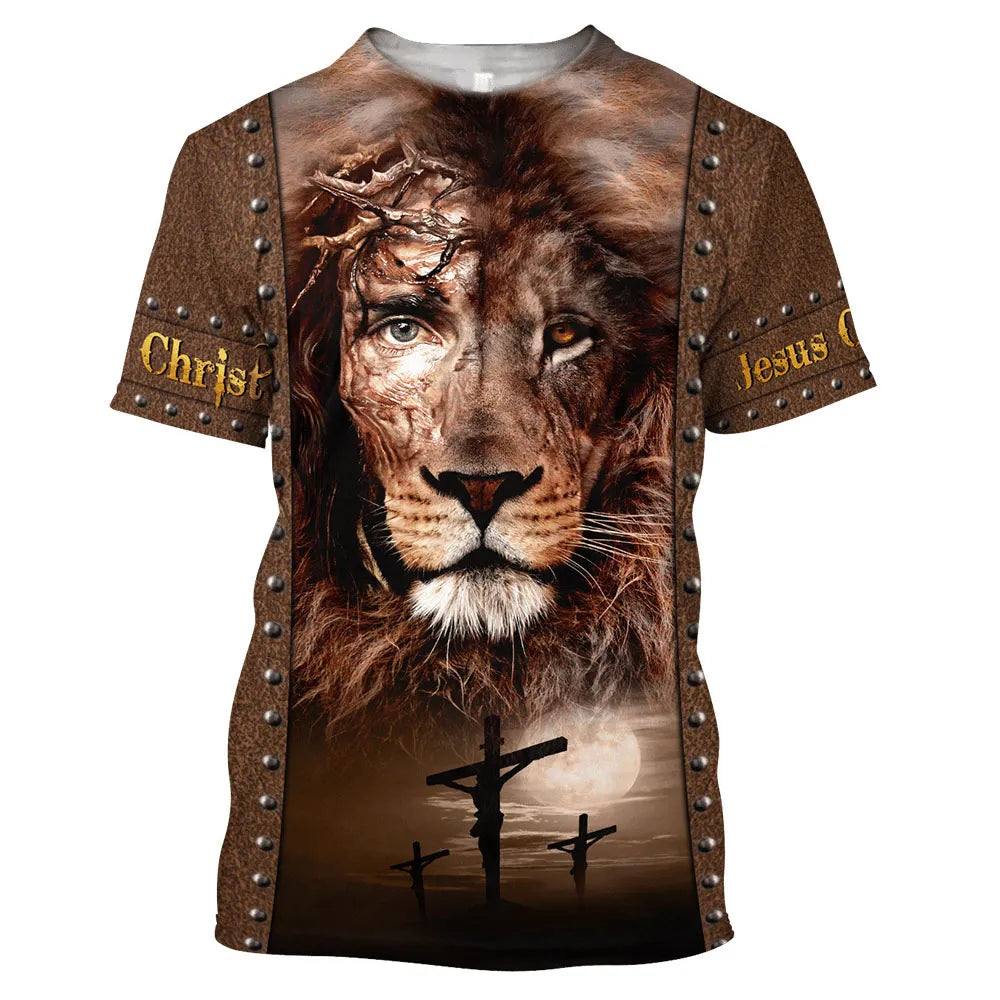 God Religion Christ Jesus And Lion 3D Print Men's T-shirts 0-Neck Short Sleeve Streetwear Loose Tops Tees Oversized T Shirts 6XL