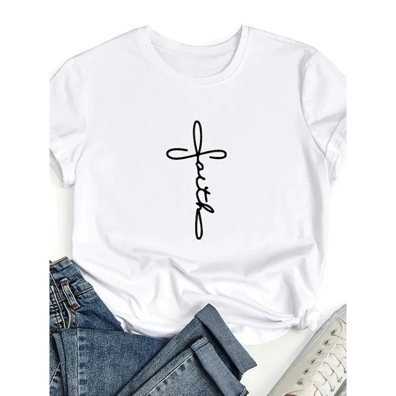 Hot Selling Blouse Faith Simple Casual Short Sleeve Loose T-shirt Fashionable Girl Tshirt Aesthetic Clothes  Y2k Clothes