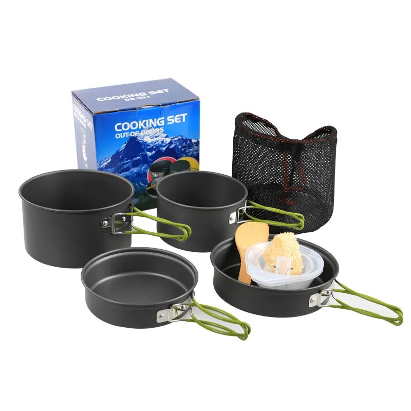 4 IN 1 Camping Cookware Kit Outdoor Tableware Aluminum Picnic set Picnic Pot Pan Bowl Kits Hiking Cooking Utensils 2-3 People