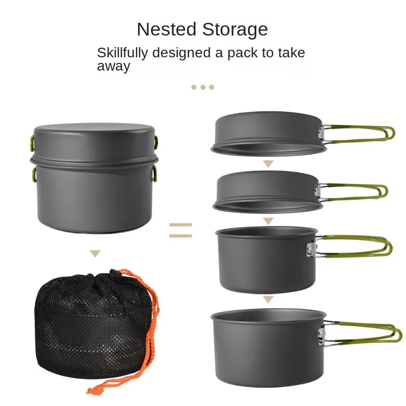 4 IN 1 Camping Cookware Kit Outdoor Tableware Aluminum Picnic set Picnic Pot Pan Bowl Kits Hiking Cooking Utensils 2-3 People