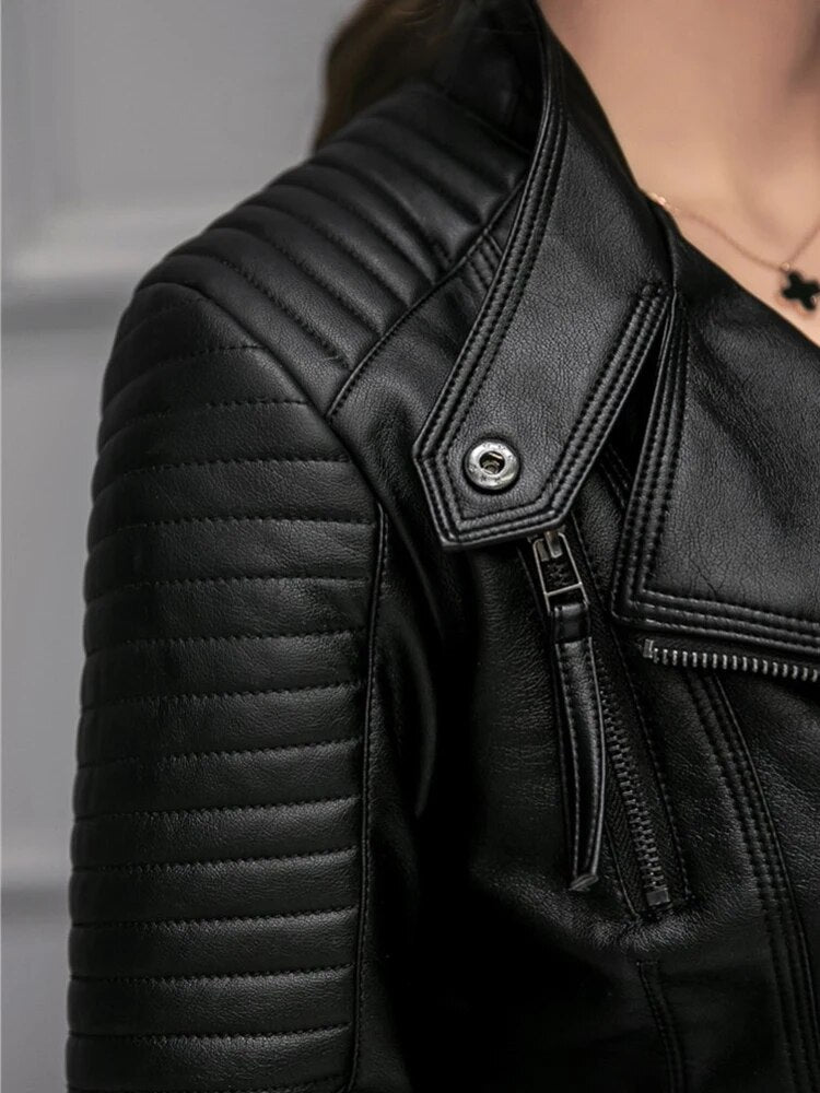 FTLZZ New Spring Autumn Women Faux Soft Leather Jackets Pu Black Blazer Zippers Coat Motorcycle Outerwear Biker Jacket