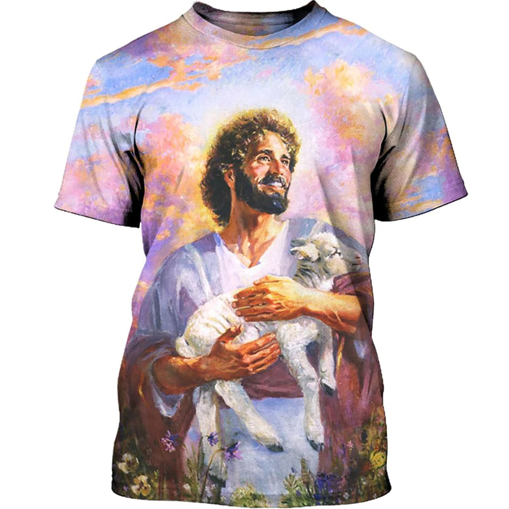 Fashion Summer Casual Streetwear Harajuku God Graphic Men Tees Tops Religion Christ Jesus 3D Print Men's T-Shirt Loose Clothing