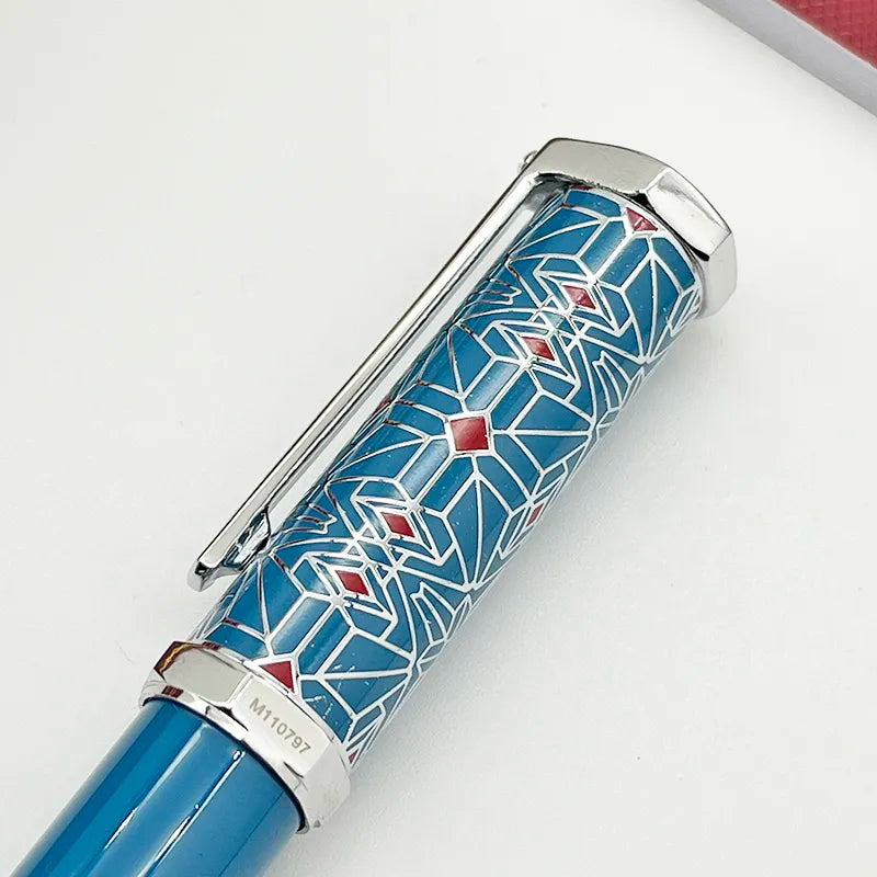 LAN CT Ballpoint Pen Santos-Dumont de Heptagon Blue / Green Barrel Luxury Red Rhombus Net Pattern Silver Trim With Serial Numb