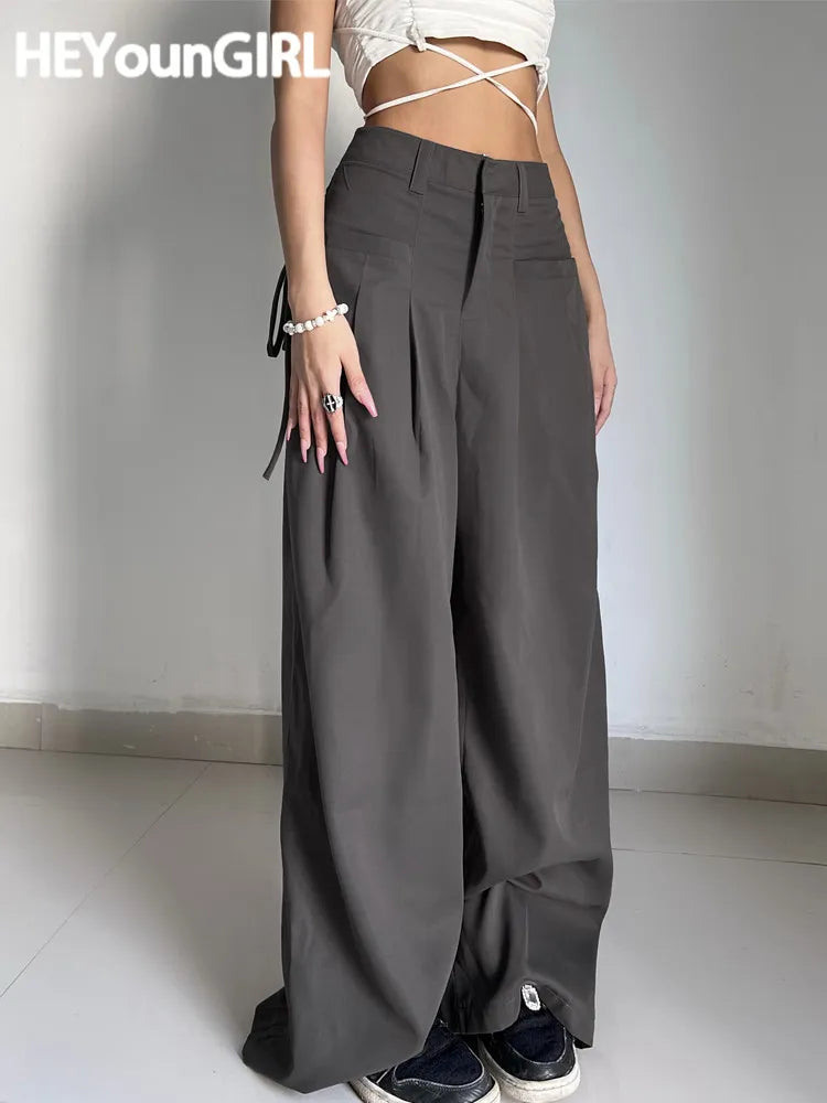 HEYounGIRL Shirring Casual Wide Leg Pants Women High Waist Street Basic Loose Sweat Trousers Korean Retro Gray Office Lady Pants