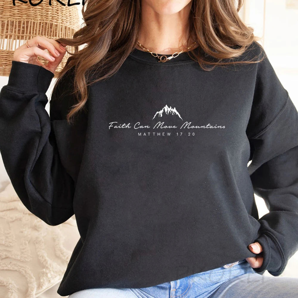 Faith Can Move Mountains Sweatshirt Christian Clothing Faith Hoodie Cute Religious Pullover Women Christian Sweater Graphic Top