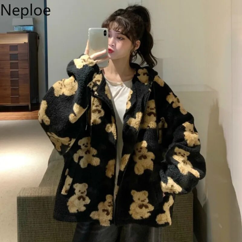 Cute Women Hoodie 2023 Winter Loose Hoodies Y2K Sweatshirt Fashion Streetwear Thick Lamb Wool Bear Coat Zipper Oversized Outwear