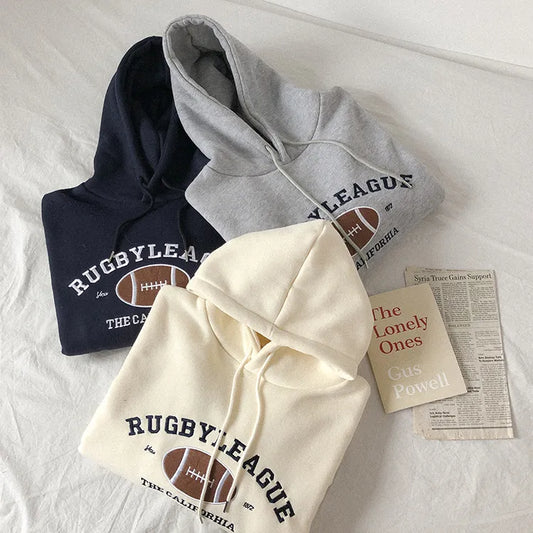 HXJJP Rugby Fleece Women Hoodie Beige Gray Blue Loose Casual Korean Style Sweatshirt Hooded Pull