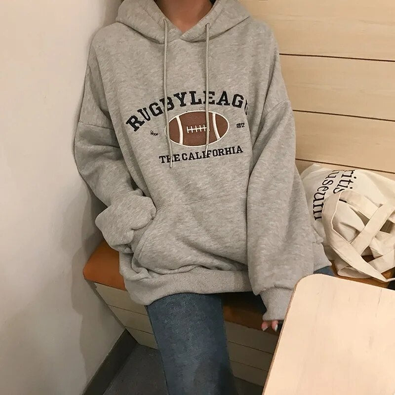 HXJJP Rugby Fleece Women Hoodie Beige Gray Blue Loose Casual Korean Style Sweatshirt Hooded Pull