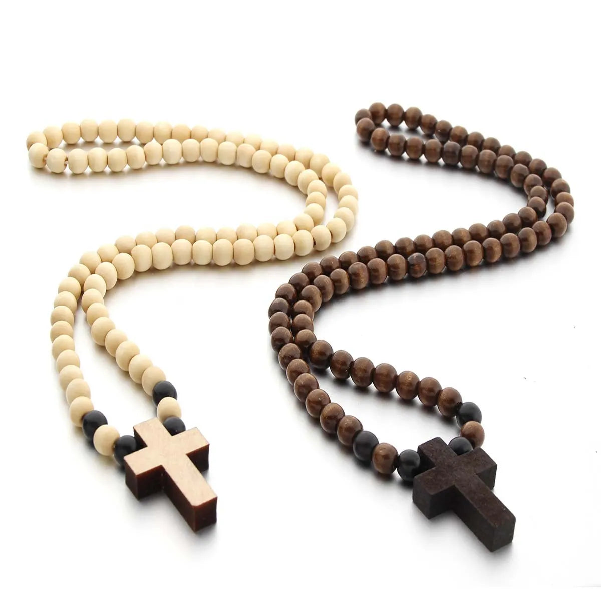 Cool Wooden Cross Beaded Necklace for Men and Women Beads Chain Natural Wood Christian Accessories