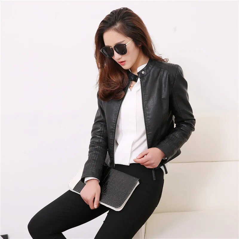 FTLZZ European Style O Neck PU Leather Jacket New Fashion Motorcycle Leather Outwear Women Slim Biker Coat Basic Streetwear