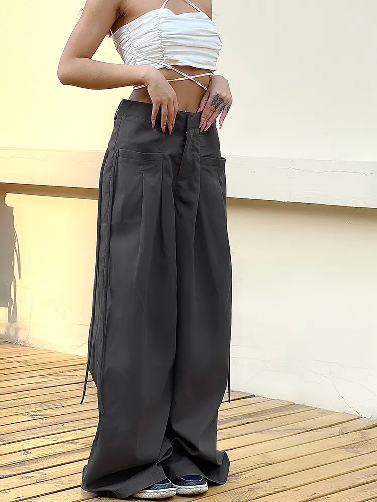 HEYounGIRL Shirring Casual Wide Leg Pants Women High Waist Street Basic Loose Sweat Trousers Korean Retro Gray Office Lady Pants