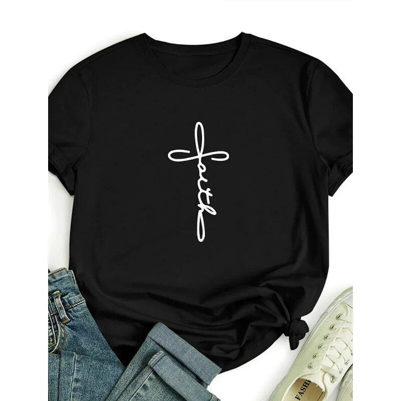 Hot Selling Blouse Faith Simple Casual Short Sleeve Loose T-shirt Fashionable Girl Tshirt Aesthetic Clothes  Y2k Clothes