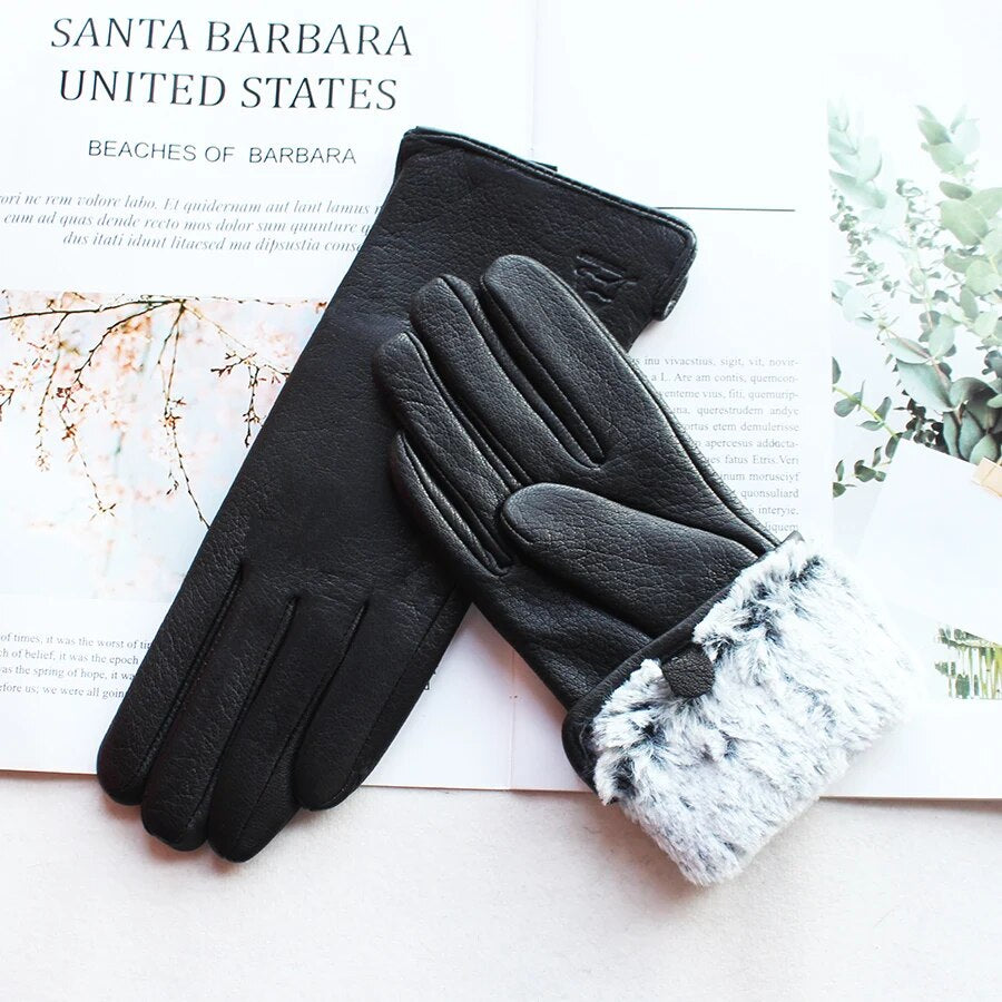 Goatskin Deerskin Grain Leather Gloves Women's Fashion Simple Style Velvet Lining Autumn Winter Warm Motorcycle Riding Glove