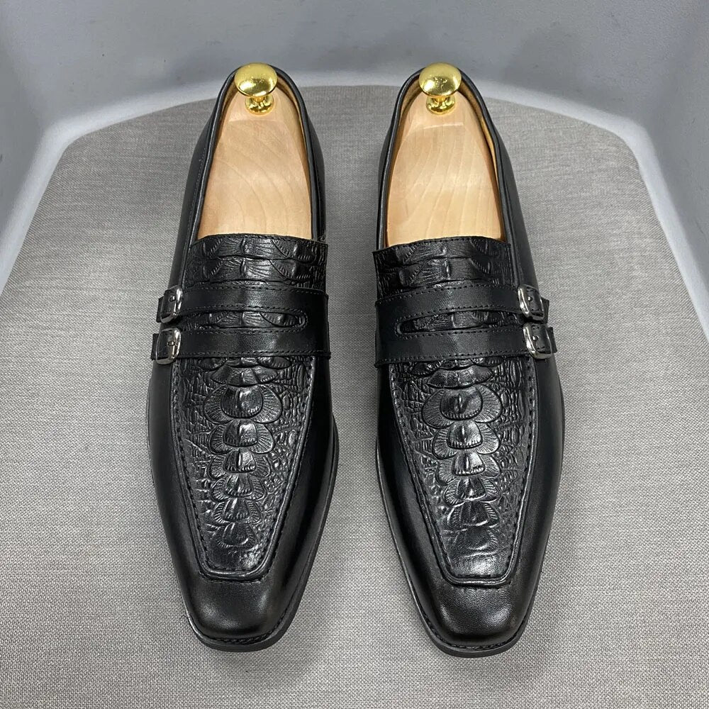 Luxury Men Dress Shoes Genuine Leather Crocodile Print Wedding Loafers Double Buckles Business Office Formal Slip on Mens Shoes