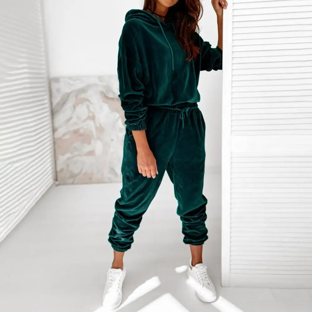 2 Pcs/Set Women Winter Tracksuit Solid Color Elastic Waist Drawstring Long Sleeves Jogging Mid Waist Women Hoodie Sweatpants Set