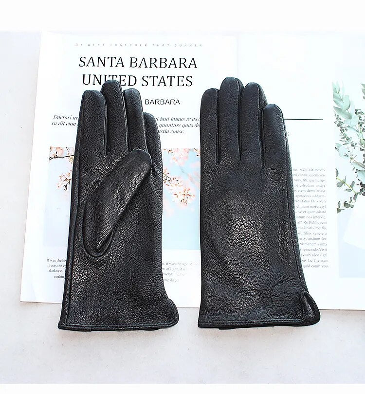 Goatskin Deerskin Grain Leather Gloves Women's Fashion Simple Style Velvet Lining Autumn Winter Warm Motorcycle Riding Glove