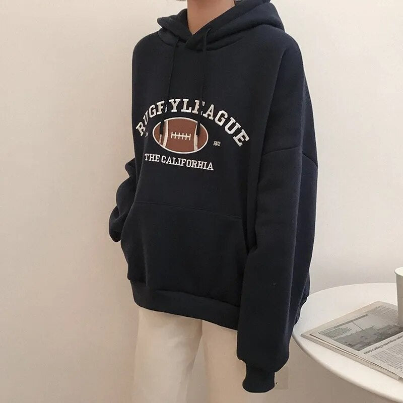 HXJJP Rugby Fleece Women Hoodie Beige Gray Blue Loose Casual Korean Style Sweatshirt Hooded Pull