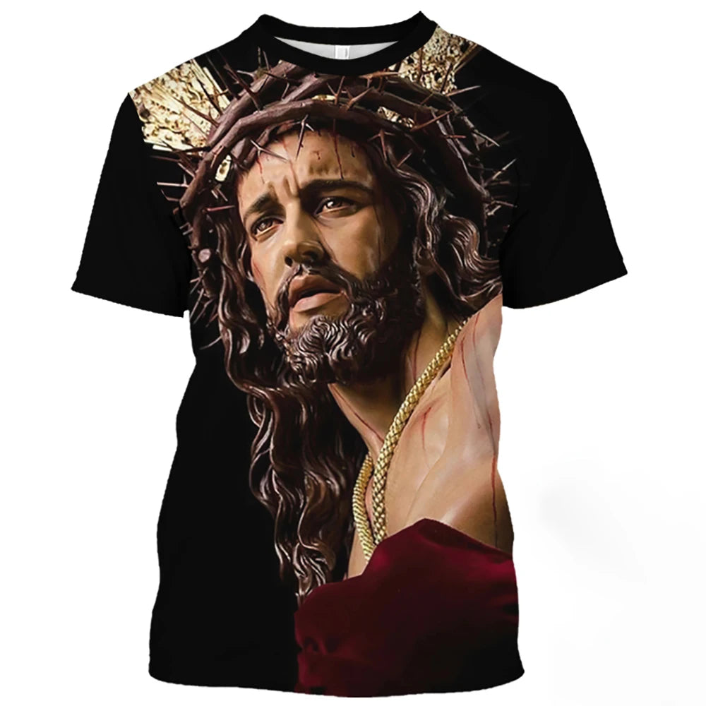 Jesus Christ Pattern T Shirt For Men Summer Casual O-Neck Oversized Short Sleeve Catholicism Print Quick-Drying Men's T-shirts