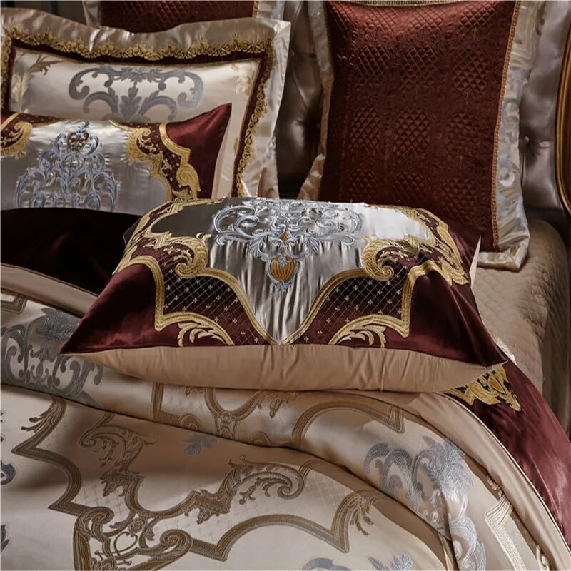 Golden Silk Cotton Luxury Satin Jacquard Bedding Set Queen King size Wedding Bedding Sets Bed Sheet/Spread Set Duvet Cover