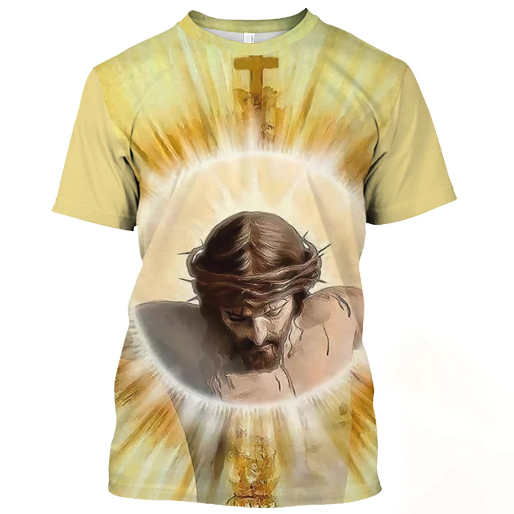 Jesus Christ Pattern T Shirt For Men Summer Casual O-Neck Oversized Short Sleeve Catholicism Print Quick-Drying Men's T-shirts