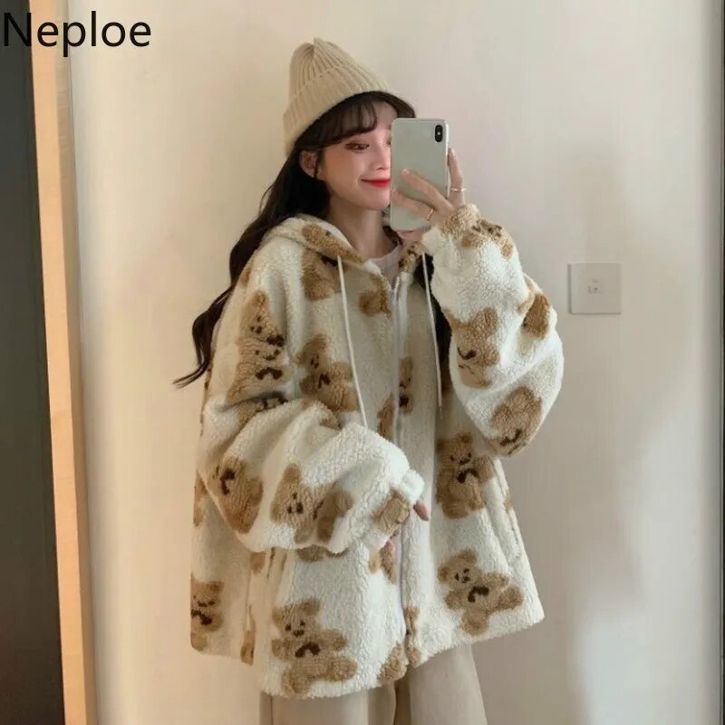 Cute Women Hoodie 2023 Winter Loose Hoodies Y2K Sweatshirt Fashion Streetwear Thick Lamb Wool Bear Coat Zipper Oversized Outwear