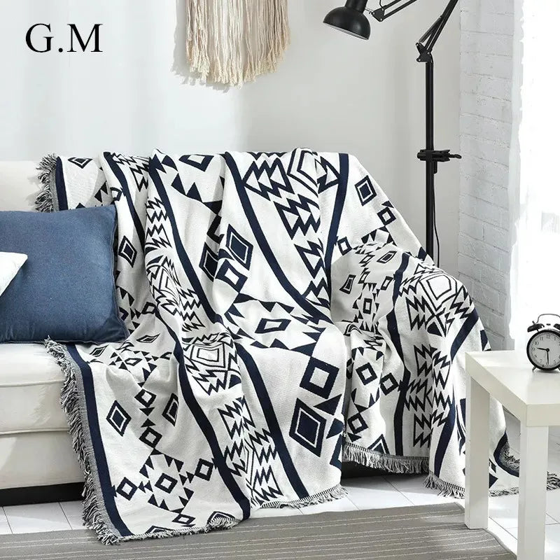 Europe Style Sofa Throw Blanket Cotton Thread Knitted Blanket with Tassel Geometry Bohemian Sofa Cover Bed Blanket Camping Rug