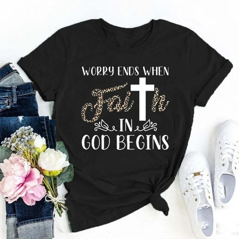 Faith In God Letter Print Women T Shirt Short Sleeve O Neck Loose Women Tshirt Ladies Tee Shirt Tops Clothes Camisetas Mujer