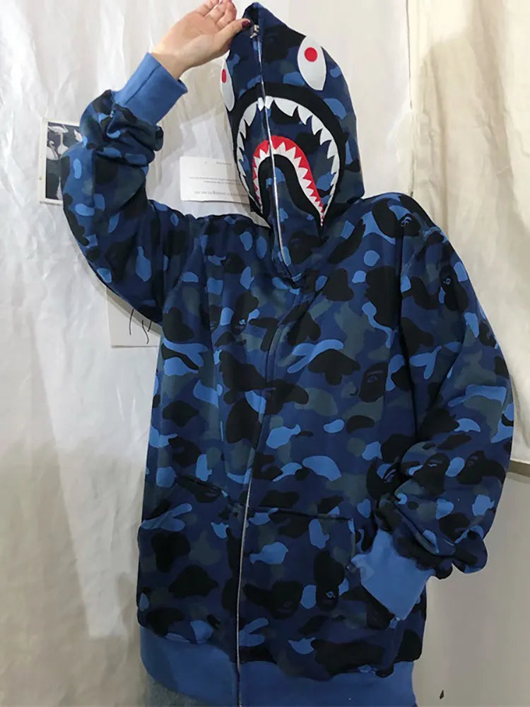 Autumn Winter New Shark Camouflage Streetwear Cardigan Sweater Women's Hip Hop Style Loose Long Sleeve Hooded Thin Zipper Coats